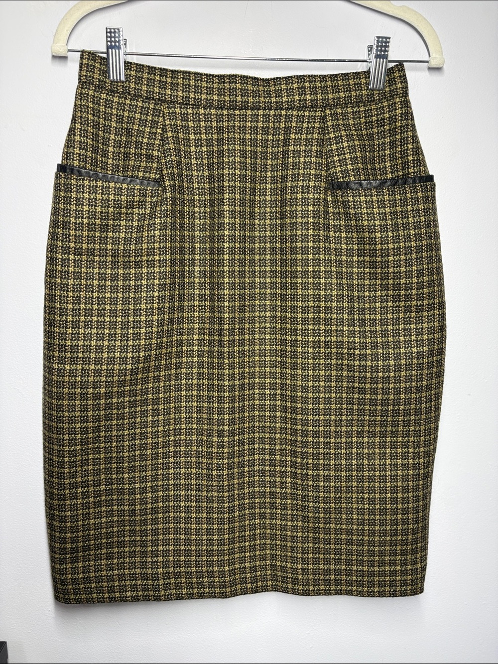 Vintage Wool Classic Houndstooth Pencil Skirt - Yellow & Black